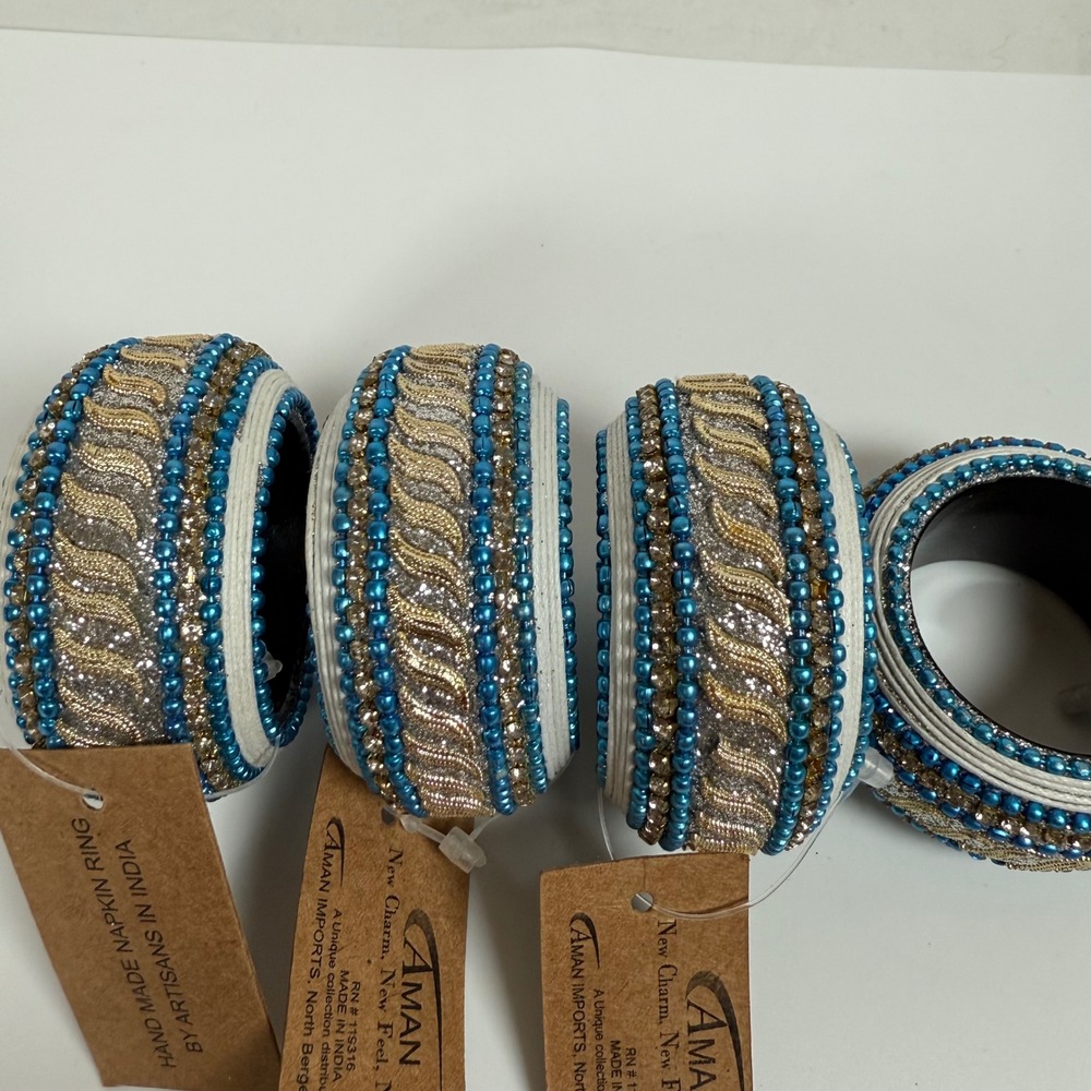 Aman Beaded Napkin Rings Set of 4 Blue Gold Decorative‎ Dining Table
